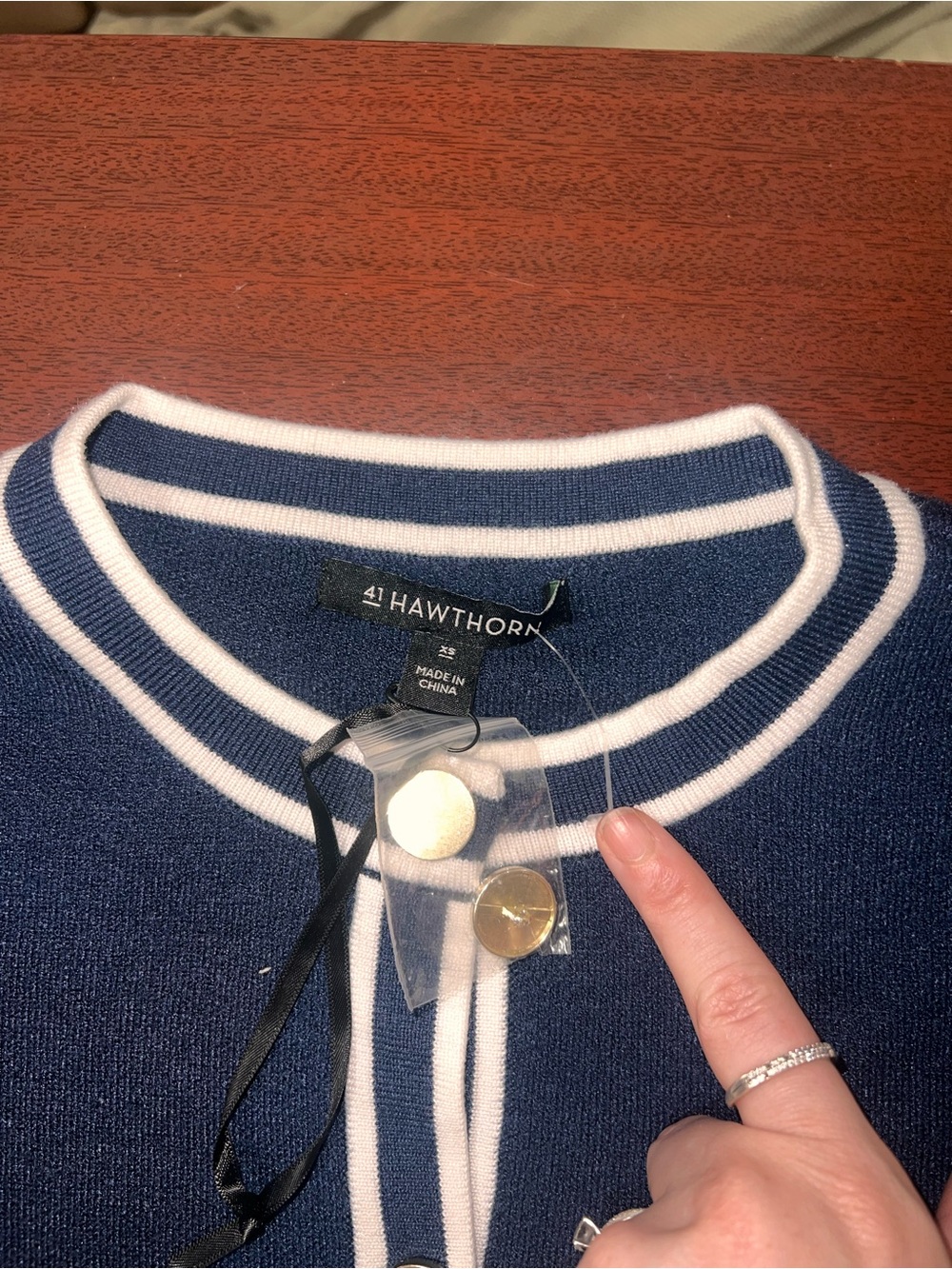 41 Hawthorn Navy Sweater with White Trim and Gold Buttons - Picture 2 of 4